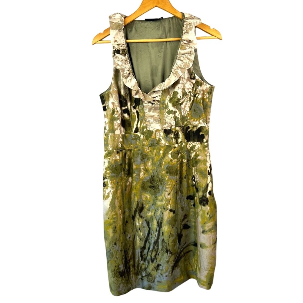 Just Taylor Green Abstract Watercolor Ruffle Neck Sleeveless Dress SZ‎ 14